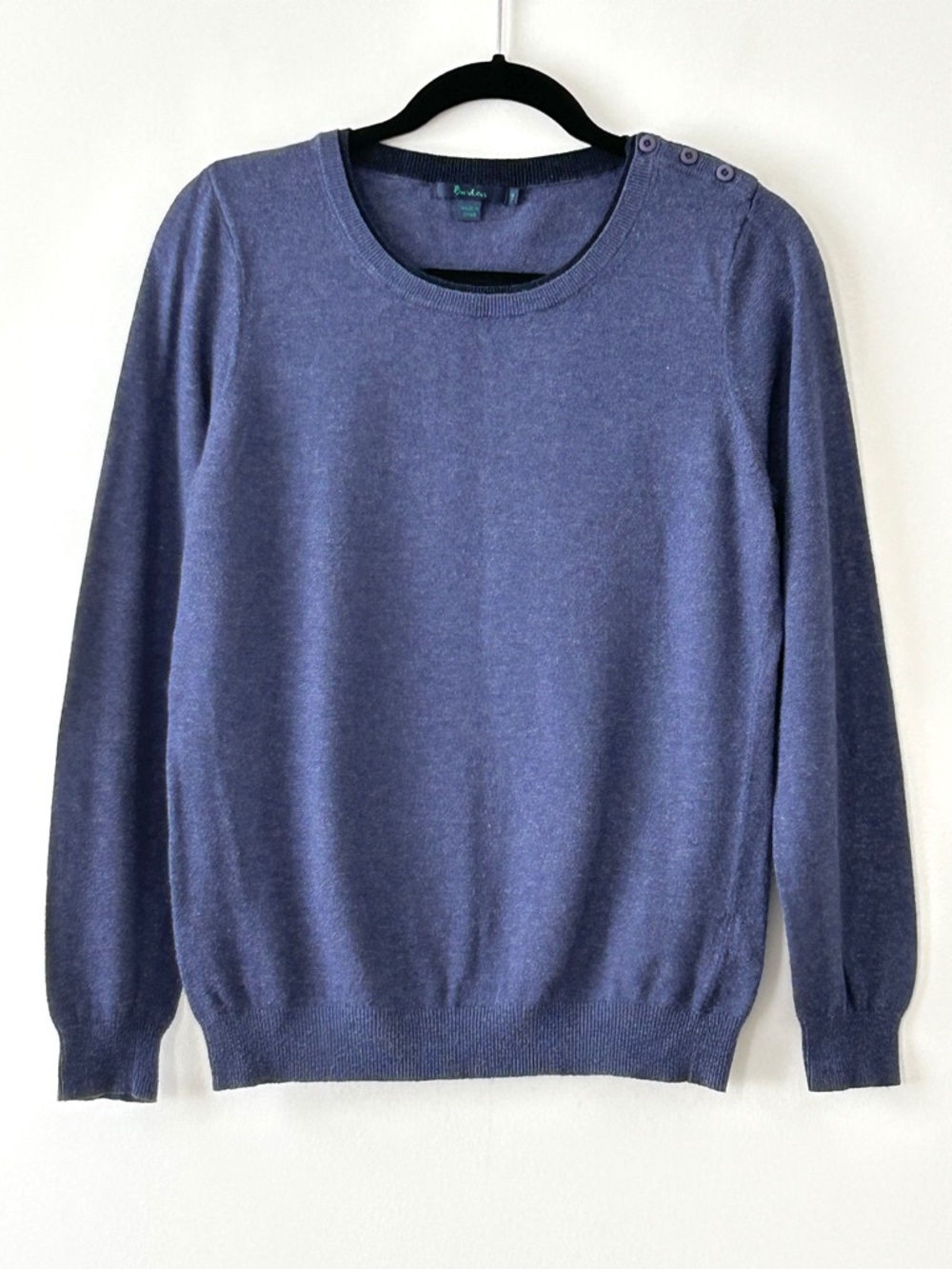 Boden Button Shoulder Blue Crewneck Sweater